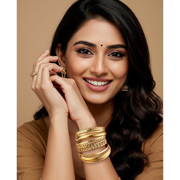 Gold Bangle Bracelets for Women, Indian Bangles Stackable Set, Multi Layer Textu - Picture 6 of 9